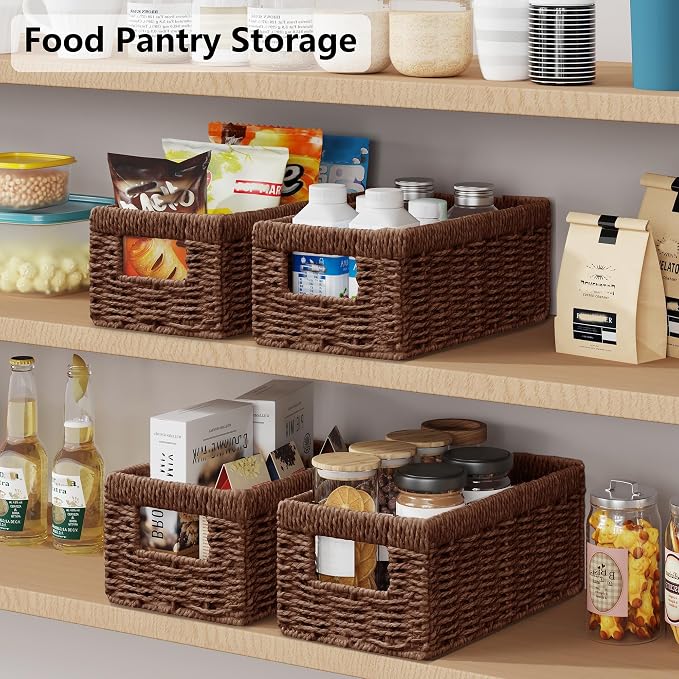 Wicker Storage Basket, Set of 2 Hand Woven Wicker Baskets for Organizing with Handles, Decorative Small Storage Bins for Countertop Toilet Paper Basket for Toilet Tank Top, Shelves, Brown - Image 6