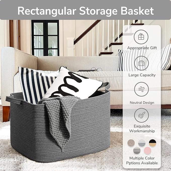 Goodpick 85L Large Woven Rope Blanket Basket, Rectangle, Dark Gray | 23.6'' x 15.7'' x 13.8'' Storage Basket for Blankets, Clothes, Toys & Pillows, Living Room, Bedroom & Nursery Organization - Image 7