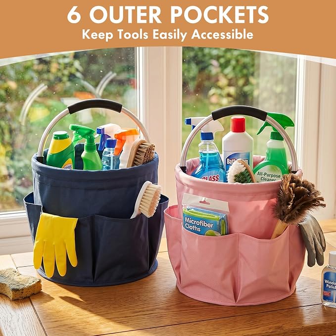 LemonRoad 4 Pack Cleaning Caddy with Handle 17L Foldable Cleaning Supplies Organizer Oxford Cloth Storage Basket with 6 Pockets Portable Multi Bucket Bag for Home Garden (Black,Beige,Navy Blue,Pink) - Image 4