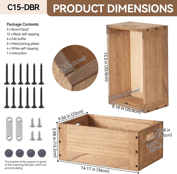 KIRIGEN Stackable Wood Storage Cube with Handles, Open Cubby Bin, Brown | Open-Front Wooden Box Crate for Books, Clothes, Shoes, Closet Storage, and Display for Home Office, Assembly Required C5-DBR - Image 6