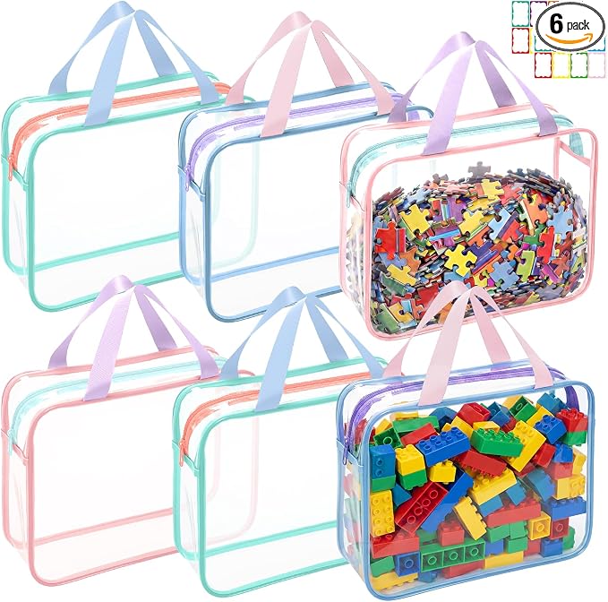 Shinylin 6 Packs Large Toy Storage Bags with Labels Clear PVC Toy Organizer with Zipper Colorful Classroom Storage Reusable Waterproof Organizer for Playroom School Blocks Game (Mix Pastel Color) by Shinylin