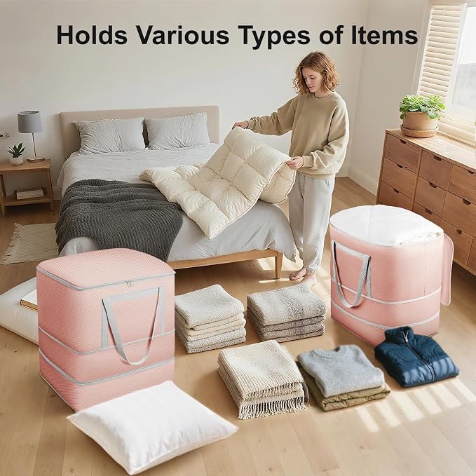 Comforter Storage Bag - 120L Bedding Storage Bags for Moving Closet, Washable Blanket Storage Bag, Ultra Space Saving Self Compression Organizer, 4-Pack, Pink - Image 4