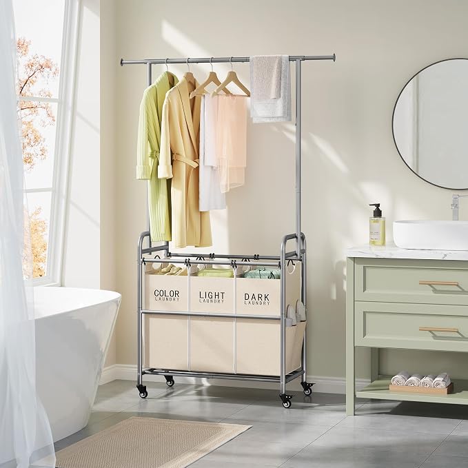 Laundry Hamper with Hanging Rack, Laundry Sorter 3 Section, Beige | 39 Gal Rolling Laundry Cart with Heavy Duty Lockable Wheels and Removable Bags for Laundry Room, Bedroom & Family - Image 8