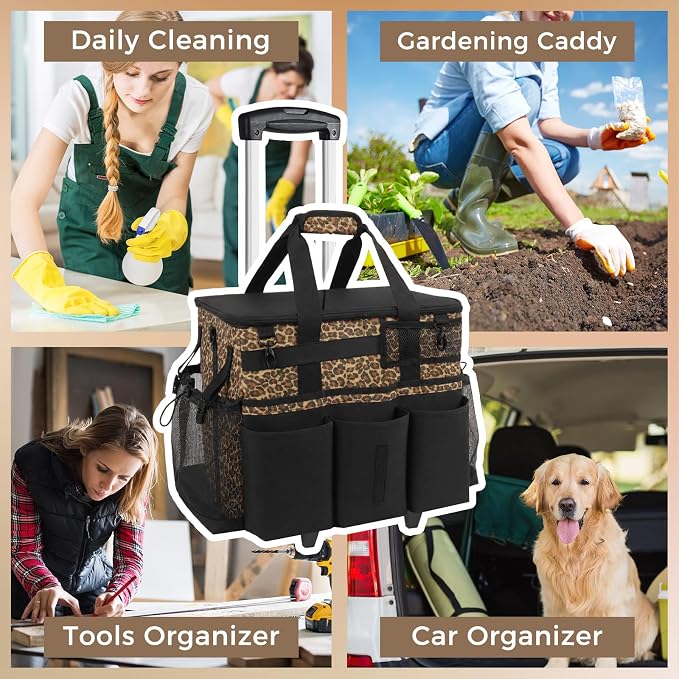 SCAVATA Rolling Cleaning Caddy Bag with Detachable Trolley & Wheels | Large Cleaning Supply Organizer, Portable Multi-Pocket Cleaning Cart for Housekeeper, Adjustable Shoulder Strap, Leopard - Image 7