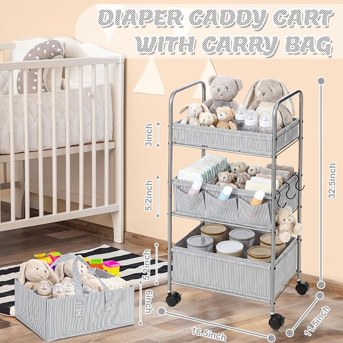 WILLBOND 2 in 1 Baby Diaper Caddy Organizer Cart, 3 Tier Large Stripe Bedside Rolling Cart Metal for Baby Essential with Divider for Newborn Registry Must Have Nursery Bedroom Mother Gift(Gray) - Image 2