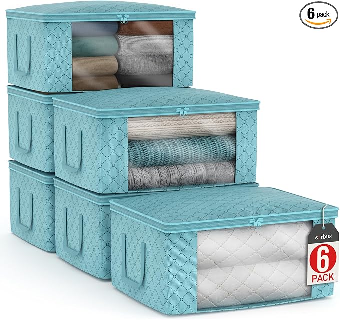 Sorbus Medium Clothes Storage Bags - Foldable Blanket Storage Bins for Organizing Bedroom, Closet, Clothing, Comforter, Organization with Clear Window, Lids and Carry Handles - Set of 6 by Sorbus
