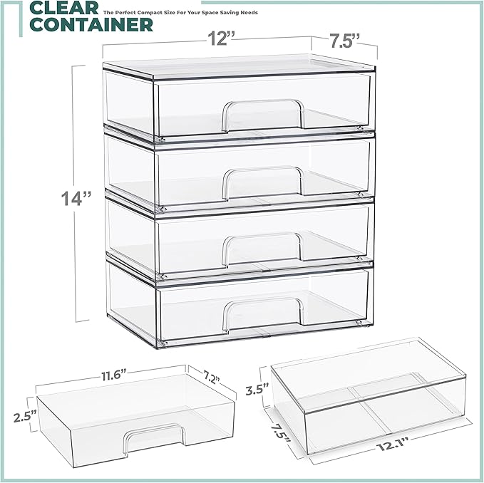 Sorbus Stackable Storage Drawers, Clear Acrylic Pull-Out Organizer (4 Pack) | Wide plastic bins hold baby bottles, cosmetics and bathroom supplies on countertops or inside cabinets and pantries. - Image 3