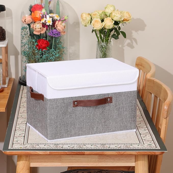 ANMINY Fabric Storage Box Bins with Lids, Gray White, 15"x10"x10" | Keepsake Memory Storage, Cotton Linen, PP Board Reinforced, Washable, PU Handles, Foldable & Stackable, Decorative, Large - Image 8