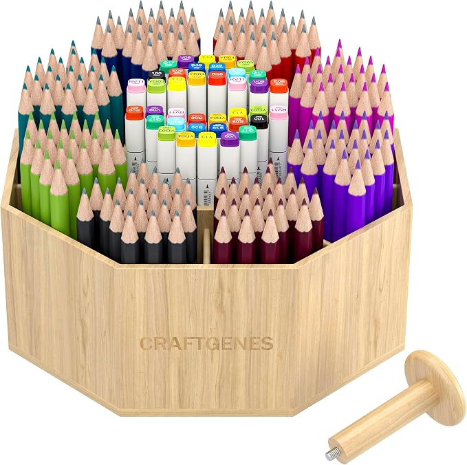CraftGenes Bamboo Rotating Pen Organizer for Desk with 10 Compartments | Desk organizer, smooth spin, marker organizer, pencil holder, art supply organizer, carry handle, classroom, craft room - Image 8