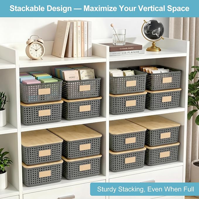 4 Pack Plastic Storage Bins with Bamboo Lids, 6.2qt Stackable Storage Organizer Box with Lable for Pantry Shelves Drawers Desktop Office, 12"L x 8.3"W x 3.5"H, Gray - Image 3