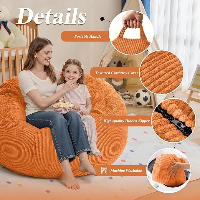 4FT Bean Bag Chair for Adults,Large Teardrop Beanbag with Filler | Beanbag Chair with Memory Foam Filled,Bean Bags with Handy Handle&Machine Washable Cover for Living Room,Bedroom-Orange - Image 5