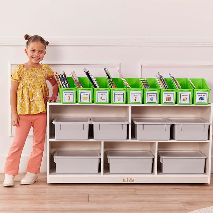 ECR4Kids Linking Plastic Storage Book Bin, Multipurpose Organization, Neon Green, 10-Piece | Durable plastic with built-in handles, interlocking, nestable, ideal for books, magazines, and files in a classroom or office - Image 9