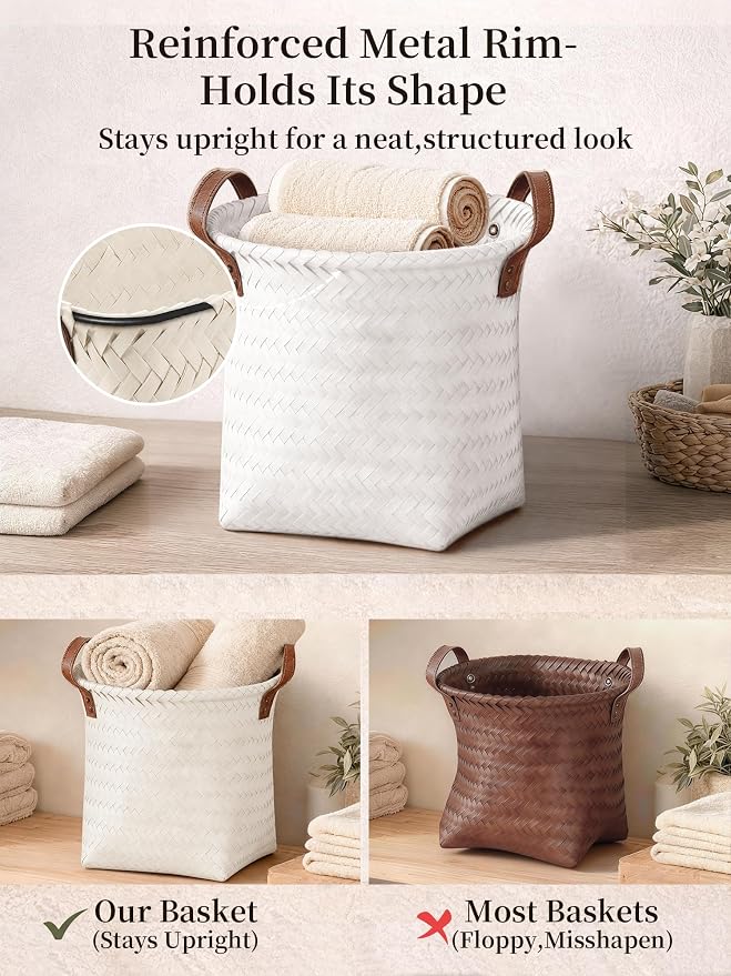 Wicker Storage Baskets, 4 Pack Woven Baskets for Shelves, White | PP Rattan, Water-resistant Wicker Basket, Large Baskets with Faux Leather Handles for Blanket, Laundry Organizer, Room Decor - Image 4
