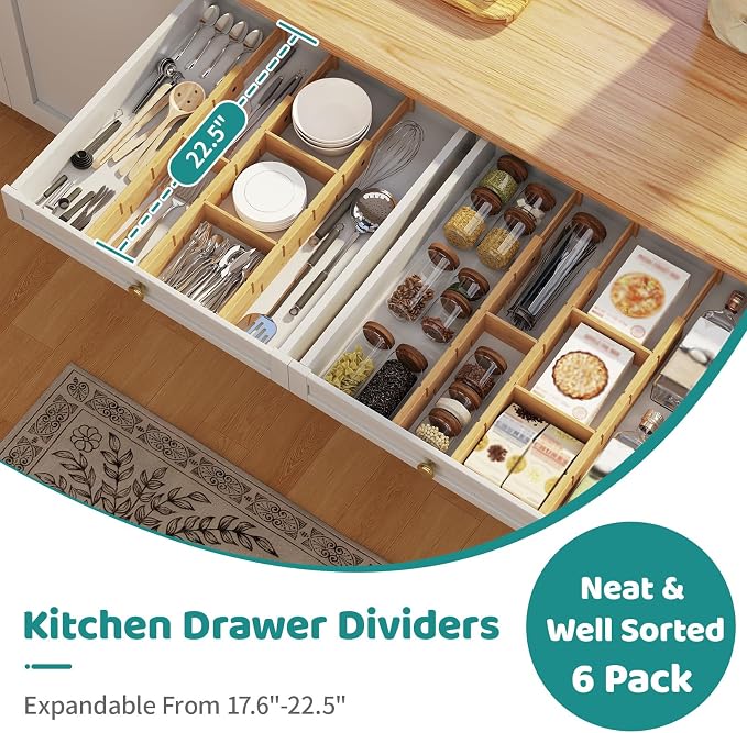 6 Pack Bamboo Drawer Dividers with Inserts, Kitchen Adjustable Drawer Organizers, Expandable Organization for Home, Dressers, 6 Dividers with 12 Inserts - Image 5
