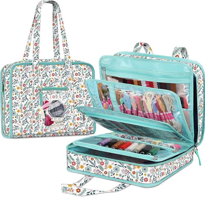 FINPAC Sewing and Craft Supplies Storage Tote Bag with Clear Pockets | Large Art Organizer Caddy Travel Packing Shoulder Bag for Knitting, Sewing Accessories, Spring Bloom by FINPAC