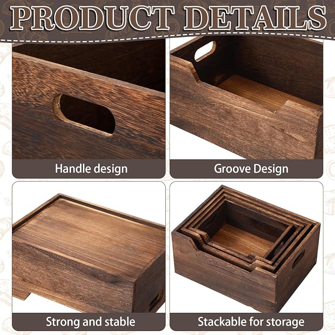 4 Pack Wood Crates Nesting Storage Baskets Decorative Farmhouse Wooden Organizer Crates Boxes with Open Front and Handle Rustic Nesting Baskets for Fruit Vegetable Kitchen Bathroom - Image 4