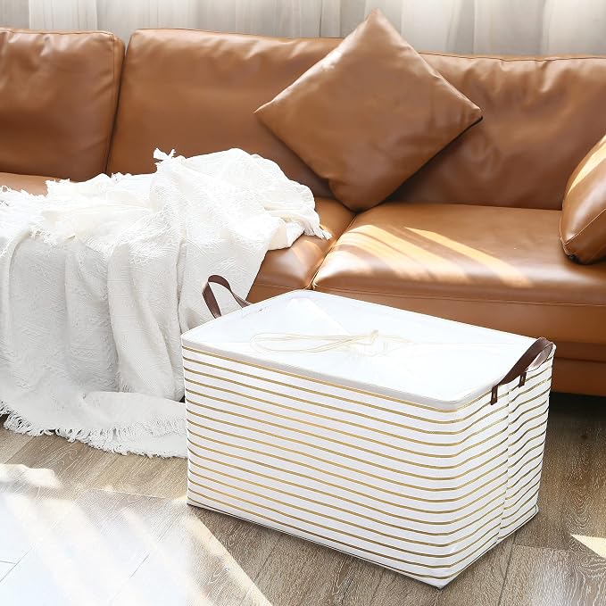 Hinwo 70L Extra Large Canvas Storage Bin with Lid and Handles, 4-Pack | Collapsible Fabric Baskets, Closet Shelf Organizers, Containers for Clothing, Blankets, Toys, Bedding (Gold Stripe) - Image 2