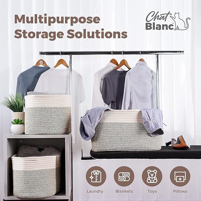 CHAT BLANC Cotton Rope Baskets for Organizing | Storage Baskets for Shelves | Rope Basket for Storage, Small Laundry Baskets, Woven Baskets for Storage, Dog Toy Bin, Baby Basket,Off White&Brown 3 Pack - Image 4