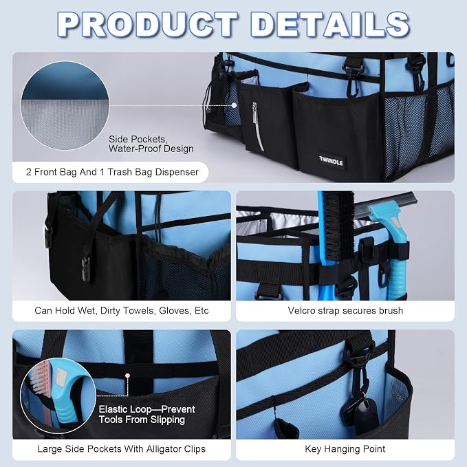 Extra-Large Cleaning Caddy Organizer,Cleaning Caddy for Cleaning Supplies | 18.11" x 11.02" x 11.02" Wearable with Handle,Adjustable Shoulder Strap,Waist Belt,Light Blue - Image 3