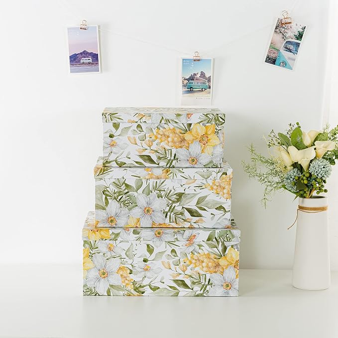 Soul & Lane - Garden Glory Decorative Storage Boxes with Lids, Set of 3 | Stackable Cardboard Photo Storage Containers for Keepsakes and Gifts, Yellow Flower Boho Print Boxes, Home Decor Set - Image 3