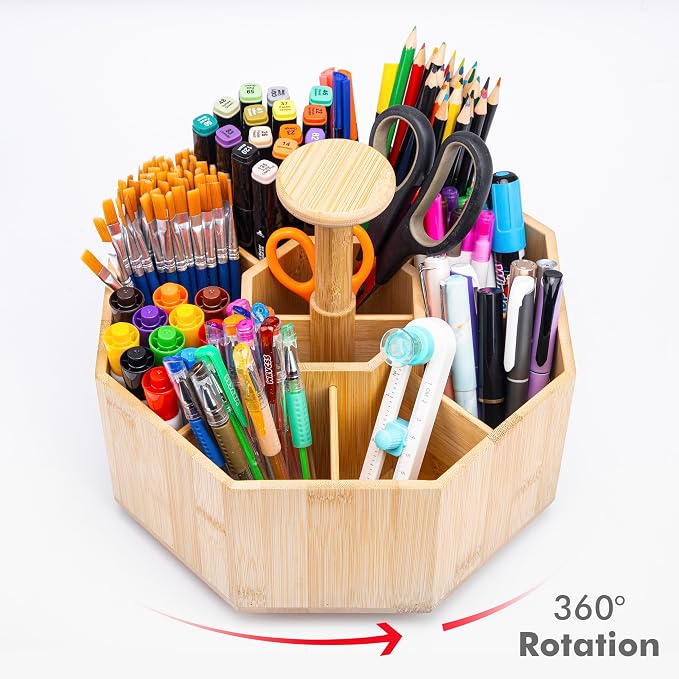 CraftGenes Bamboo Rotating Pen Organizer for Desk with 10 Compartments | Desk organizer, smooth spin, marker organizer, pencil holder, art supply organizer, carry handle, classroom, craft room - Image 9
