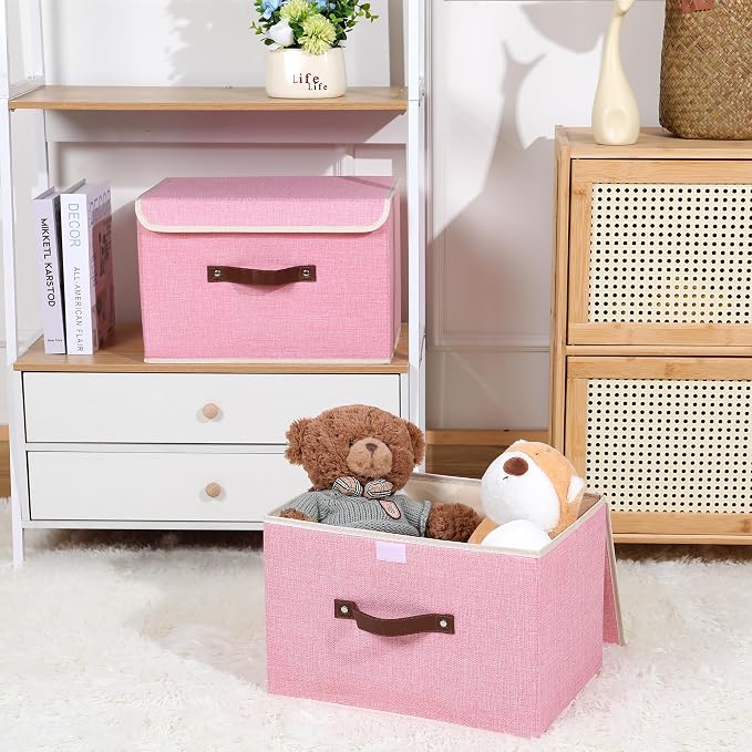 ANMINY Fabric Storage Box Bins with Lids, Pink, 15"x10"x10", 4 Pack | Keepsake Memory Storage, Cotton Linen, PP Board Reinforced, Washable, PU Handles, Foldable & Stackable, Decorative, Large - Image 6