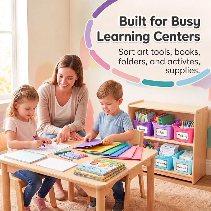 Funrous 6 Pack Plastic Cubby Bins for Classroom, Stackable Storage Bins with Rainbow Labels and Handles Cubby Organizer Containers for Teacher Supplies Home Office Daycare and Playroom (Purple Pastel) - Image 3