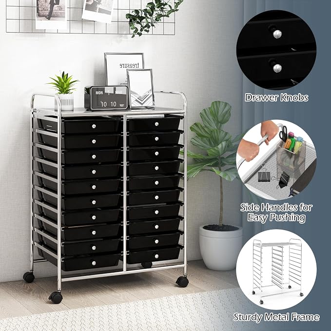 RELAX4LIFE 20 Drawer Rolling Storage Cart, Mobile Rolling Cart w/Drawers for School Classroom Teacher Office Home Salon, Paper File Art Supply Craft Organizer, Utility Cart on Wheels (Black) - Image 6