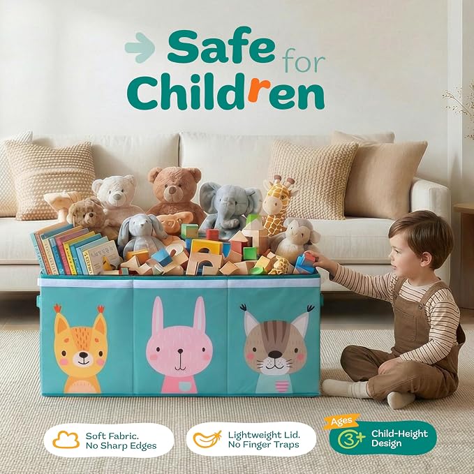 SoftOwl Extra Large Toy Storage Organizer with Lid - Sturdy, Collapsible Toy Chest Storage Box with Cute Design - Toys Bin with Dividers for Kids, Boys, Girls, Nursery, Bedroom, Play room 37"x16"x14" - Image 3