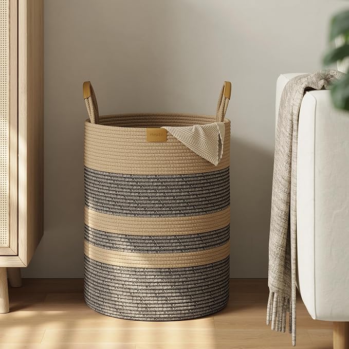 Nunsino 62L Striped Laundry Hamper with Leather Handles,Large Foldable Laundry Basket for Clothes,Cotton Rope Storage Bin for Blankets,Woven Clothes Basket for Bedroom,Dark Brown Stripes by Nunsino