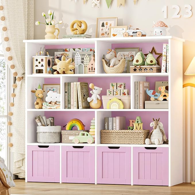 Toy Storage Organizer with Movable Drawer Toy Organizer for Kids | Kids Bookshelf and Toy Chest Storage with Hidden Wheels, Toy Organizers and Toy Storage for Playroom, Pink by finetones