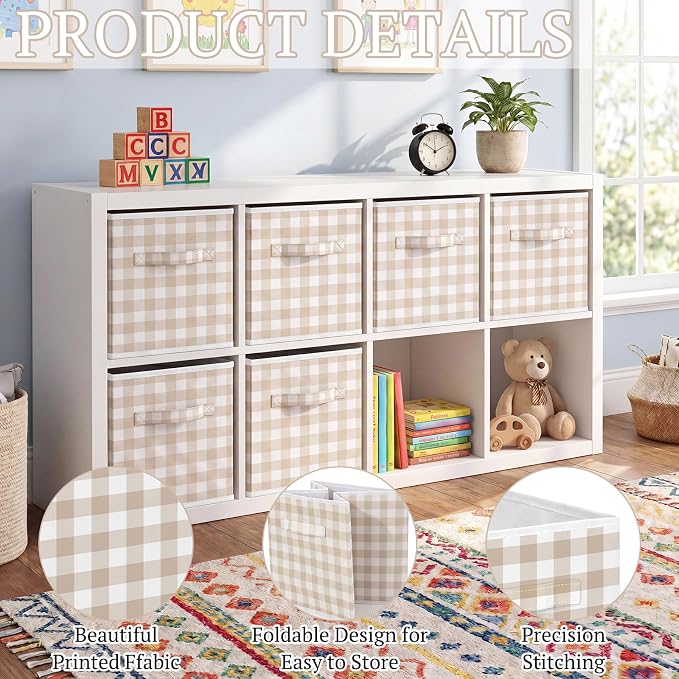 Yalikop 6 Pcs Beige Gingham Cube Storage Bins, 11 Inch Fabric Checkered Classroom Storage Bins Organizer with Handle Preppy Collapsible Cubby Basket for Classroom Home Nursery Playroom Bedroom - Image 4