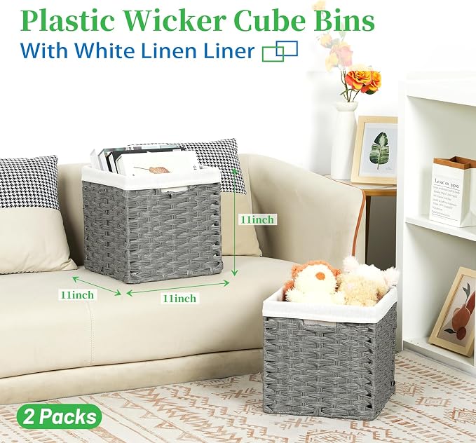 Bidtakay Wicker Baskets for Shelves Waterproof Imitation Wicker Cube Storage Bins with Liners for Organizing Closet Cabinet 11x11 inch Storage Cube Organizer for Pantry-Dark Grey 2-Pack - Image 2