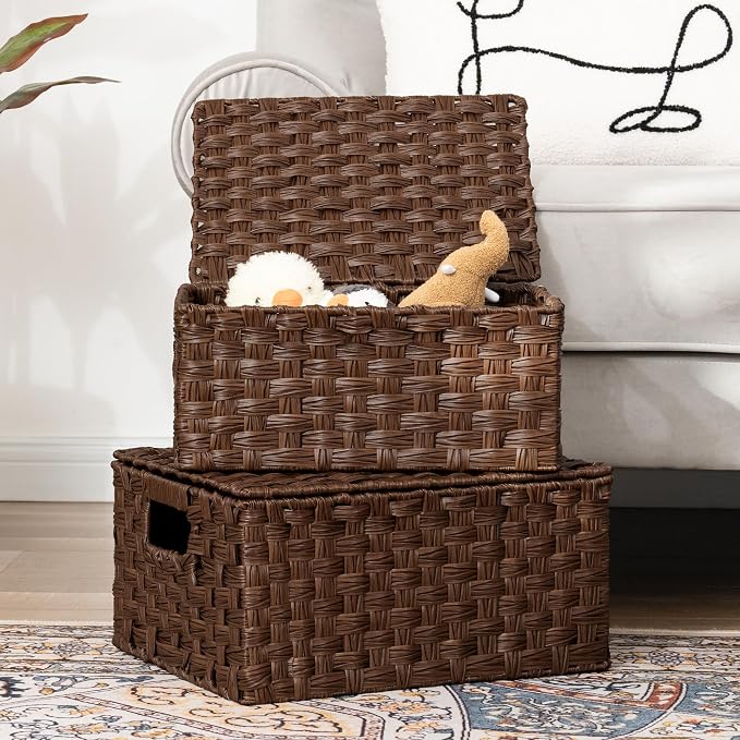 GRANNY SAYS Wicker Basket with Lid, Decorative Storage Baskets for Shelves | Woven Baskets with Lids, Wicker Baskets for Storage, Decorative Storage Boxes, Woven Stackable Basket with Lid, 4 Pack - Image 2