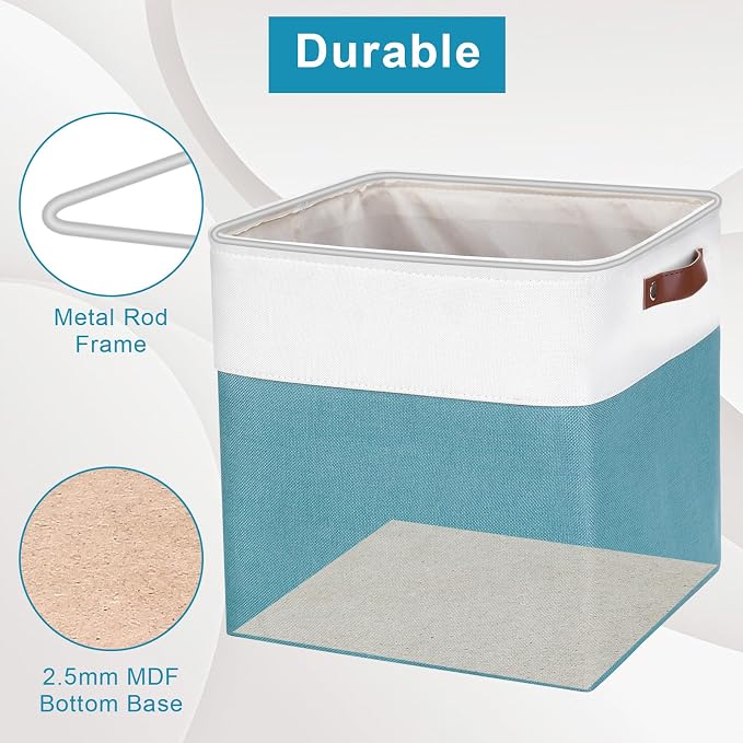 13x13 Cube Storage Bins, Collapsible Fabric Storage Box, 4 Pack Closet Baskets with Handles for Organizing, Shelf, Toys, Clothes, Home, Office, Nursery (Teal&White) - Image 5