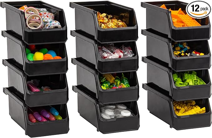 Small Stackable Plastic Storage Bins, 12-Pack, Black | Open-Front Stackable Bins For Garage, Pantry, Closet & Office, 7"L X 4"W X 3"H, Nests When Empty, Durable Plastic by Akro-Mils