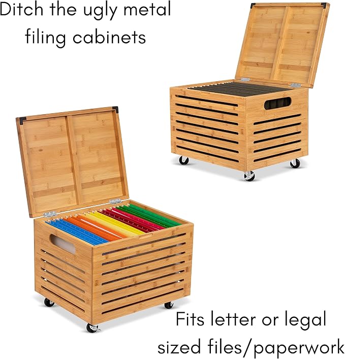 BIRDROCK HOME Rolling File Storage Organizer Box with Lid - Bamboo Decorative Wood Hanging File Box for Letter/Legal Documents, Binders, Blankets - Durable Office Organizer - Natural - Image 7