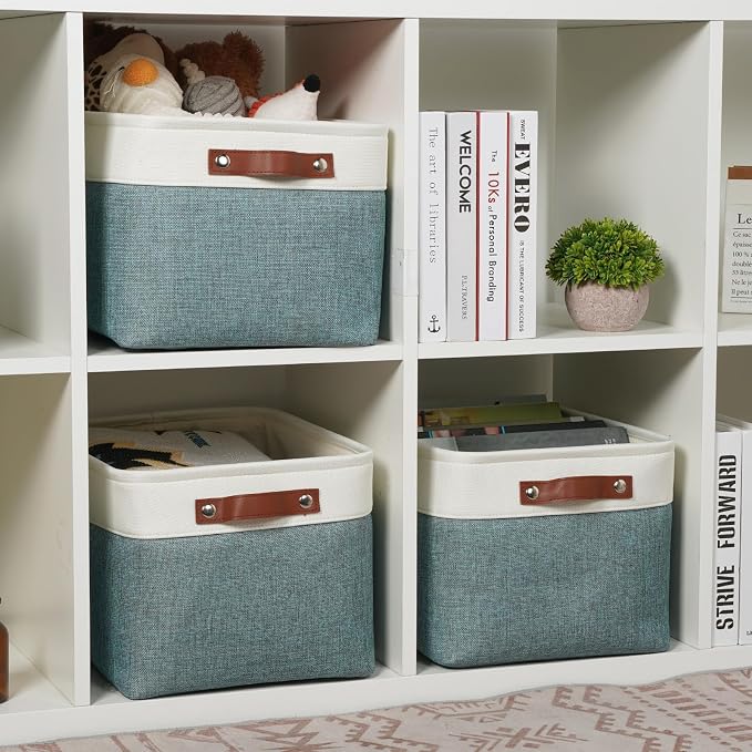 DULLEMELO Storage Baskets for Organizing,Rectangular Fabric Storage Bins with Handles for Office,Bedroom(3-Pack -15 inch X 11 inch X 9.5 inch , White&Dark Green) - Image 5