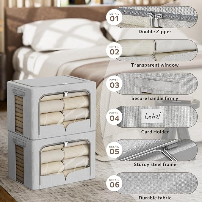 FHSQX 3 Pack Clothes Storage Bins with Metal Frame-36L | 15.7x11.8x11.8inch,Portable, Large Clear Window, Stackable, Durable Handles, Foldable, Linen Fabric - Image 3