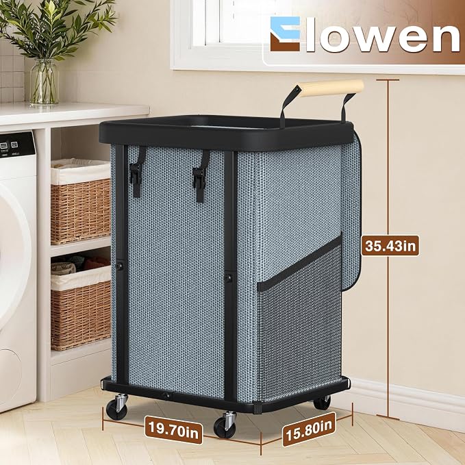 Laundry Hamper with Lid,Leather Patchwork Laundry Basket with Wheels Grey | 150L Rolling Laundry Basket with Bag & Handles,Laundry Basket Organizer for Laundry Room,and Bathroom,Laundry Room - Image 6