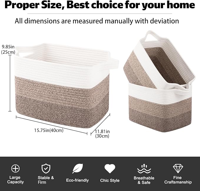 OIAHOMY Woven Storage Basket, Cotton Rope Baskets for Toys,Towel, Clothes, Used to Bathroom,Living Room,Nursery,Bedroom, 16"x12"x10"- Pack of 3, Gradient Dark Brown - Image 3