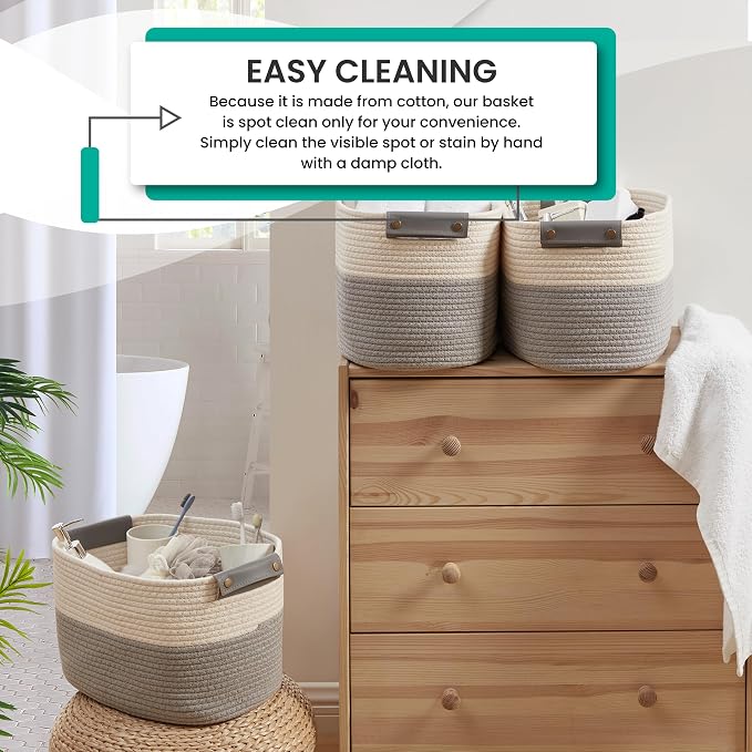 3 Pack Woven Cotton Rope Storage Basket, 15x10x9, White/Gray | Faux Leather Handles; Decorative Closet Shelf Organizer; Ideal for Storage & Organization - Image 3