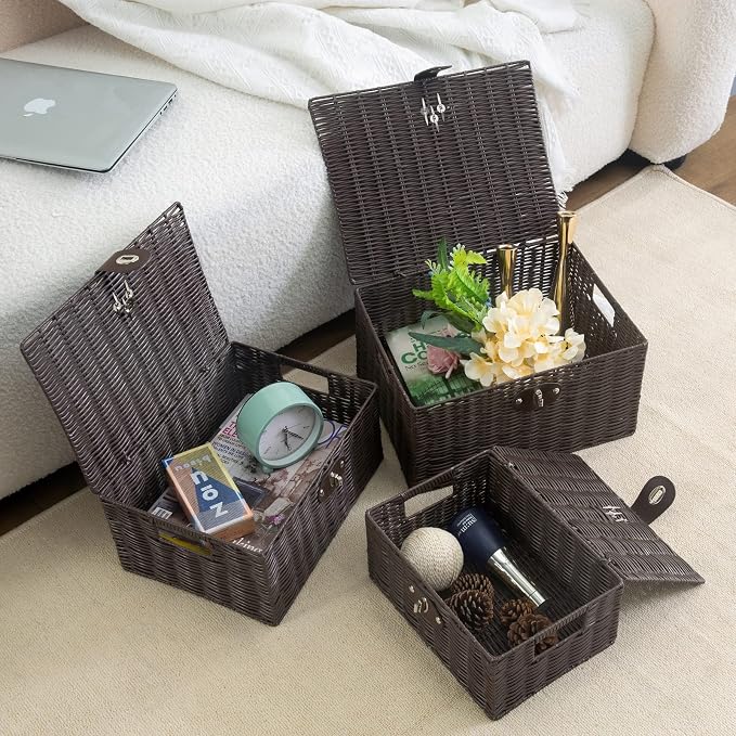 Set of 3 Woven Wicker Storage Basket Box with Lids & Lock, Built-in Carry Handles, Multifunctional Storage Organizer for Nursery, Baby, Clothes, Toys, Books, Large/Medium/Small Size (Brown) - Image 5
