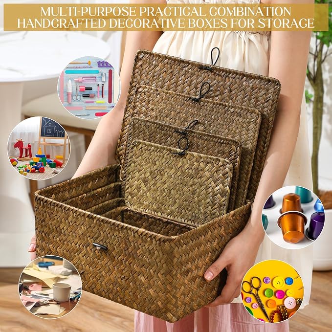 Woanger Set of 4 Wicker Storage Baskets Organizer，Handwoven Storage Bins with Lid for Organizing, Home Utility Box for Home Office Supplies Multipurpose Container(Retro Color) - Image 4