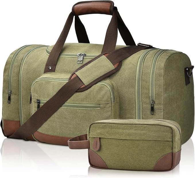 Litvyak 50L Canvas Duffle Bag for Travel Weekender Gym Overnight Carry-on | Expandable, Eco Certified, Leather Accents, Toiletry Bag Inclued, Travel Weekend Luggage Sports Duffel Bag for Women Men by Litvyak