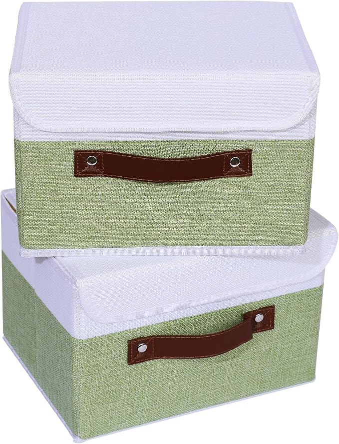 ANMINY Fabric Storage Box Bins with Lids, Green White, 10"x8"x7", 4 Pack | Keepsake Memory Storage, Cotton Linen, PP Board Reinforced, Washable, PU Handles, Foldable & Stackable, Decorative, Small - Image 8