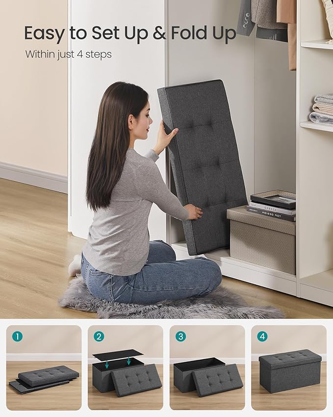 SONGMICS 30 Inches Folding Storage Ottoman Bench, Load 660 lb | Ottoman Foot Rest, Storage Chest, for Living Room, Entryway, Slate Gray and Ink Black, MINOTA Collection ULSF47K - Image 7