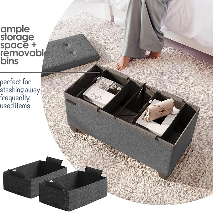 Storage Ottoman Bench with Bins, 30-in Storage Bench for Bedroom End of Bed, Folding Foot Rest Ottoman for Living Room Max 660lbs, Faux Leather Ottomans, Grey - Image 3