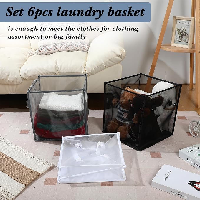 Zopeal 6 Pack Collapsible Mesh Laundry Basket, Multicolor, Single-layer | 13 Inch Square with Handles, Portable Foldable Hamper, Mesh See-through, Space Saving for Dorm Bedroom Laundry Room - Image 5