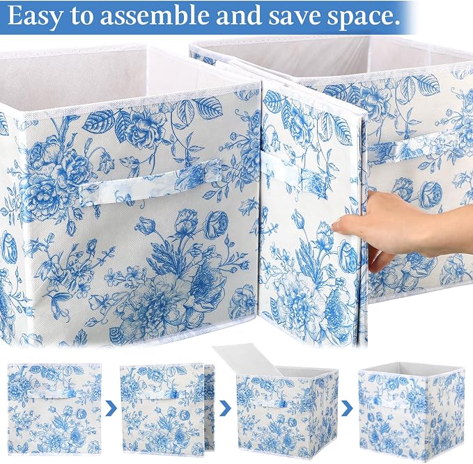 6 Pcs Blue Floral Cube Storage Bins 11 Inch Storage Basket | Blue Flower Cube with Handle, Preppy Girls Organizer Basket, Collapsible Fabric Box for Classroom Bedrooms Office Home Gift - Image 3